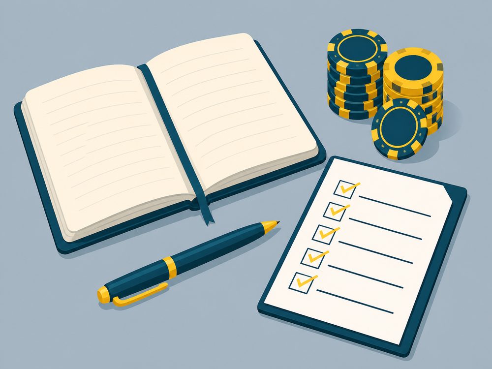 An open notebook, a checklist and stacked casino chips, representing the independent review process behind this site's comparisons