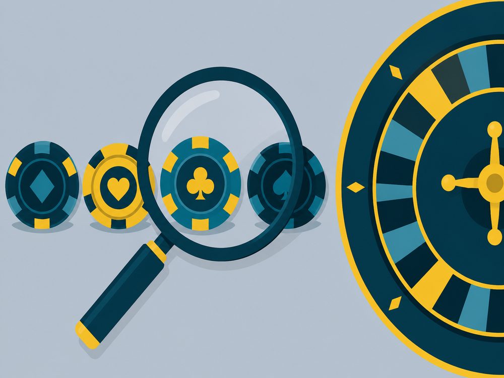Illustration of a magnifying glass examining a row of casino chips beside a roulette wheel, representing side-by-side comparison