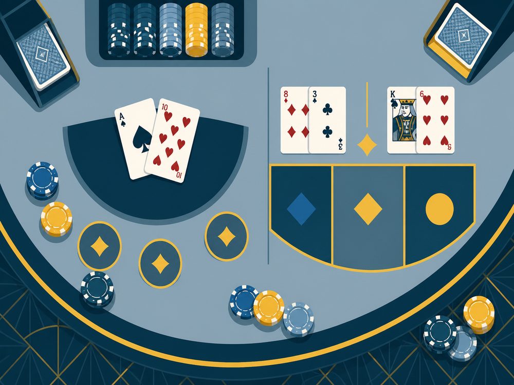 Illustration of a blackjack and baccarat table layout with cards and chip stacks