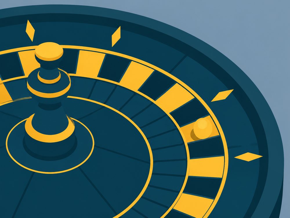 Close-up illustration of a roulette wheel with the ball in motion