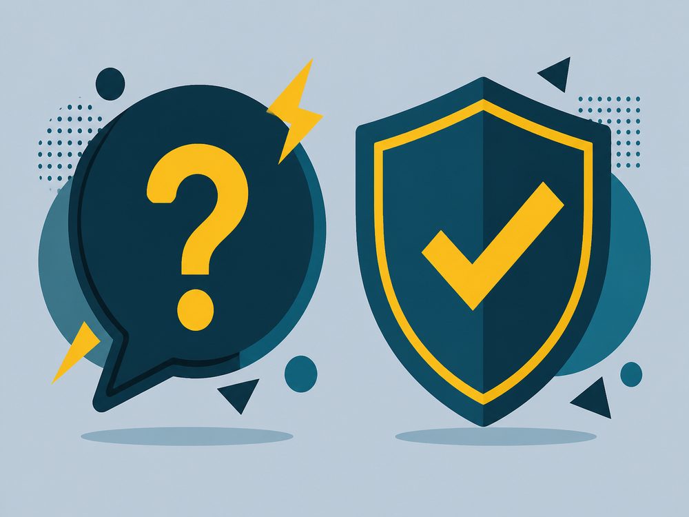 Illustration contrasting a question mark speech bubble with a checkmark shield, representing myth versus fact