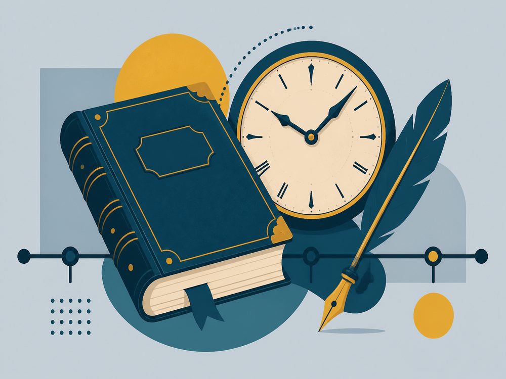 Illustration of a vintage ledger book, clock and quill representing the history of gambling regulation